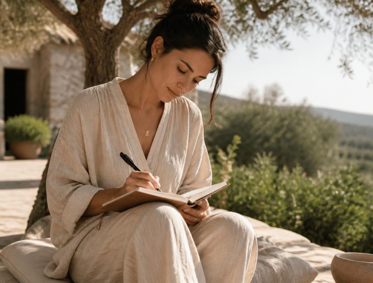 Mulher escrevendo em um caderno em um ambiente natural com luz suave